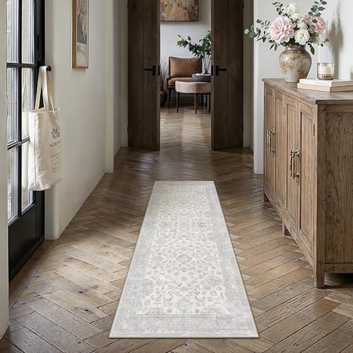 2x6 Blue Washable Runner Rug for Living Room Bedroom Neutral Soft Floral Non Slip Runner Rug Lightweight Vintage Low Pile Distressed Runner Kitchen Hallway Porch Beside Bed Bathroom - color: Blue Grey, size: 2'x6'