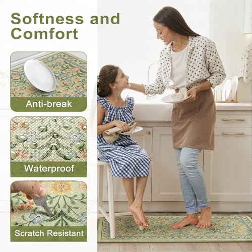 Collive Anti Fatigue Mat for Kitchen Floor, Green Floral Kitchen Mats for Floor Set of 2, Cushioned Waterproof Sink Rugs Non Slip Comfort Standing Rug for Office, Laundry, Desk - color: Green, size: 17.3"x47"+17.3"x29"