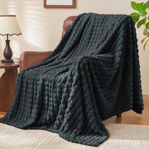 BEDELITE Black Throw Blanket Twin Size for Bed - Super Soft Lightweight 3D Checkered Fluffy Fuzzy Fleece Blanket, Luxurious Plush Cozy Blanket for Room Decor for, Gift for Women, 60x80 inches - color: Bluish Black, size: Twin(60"x80")