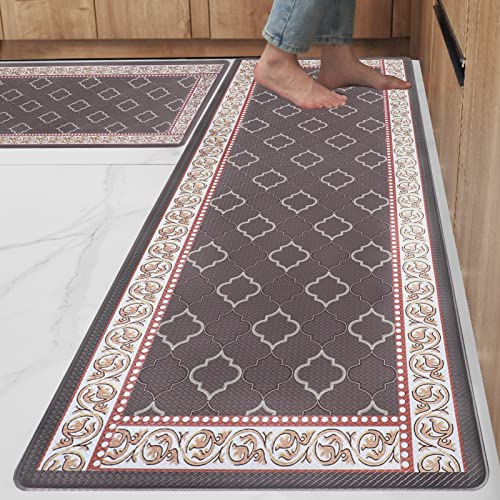 ROTTOGOON Kitchen Floor Mat Set of 2, Cushioned Anti Fatigue Kitchen Mat 17"x47"+17"x29", Non-Slip Waterproof Kitchen Rug, Premium PVC Comfort Kitchen Mats and Rugs for Kitchen, Office, Home, Laundry - color: Coffee, size: 17"x47"+17"x29"