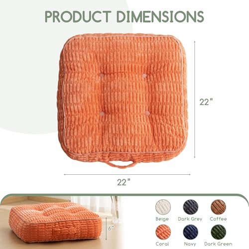 HIGOGOGO 6" Floor Pillow Cushion for Adults, Meditation Cushion Pillow, Blended Corduroy Cover, Large Square Floor Sitting for Tatami Living Room or Yoga, 22x22 Inch, Coral - color: Square Coral, size: 6" Thick(Pack of 1)