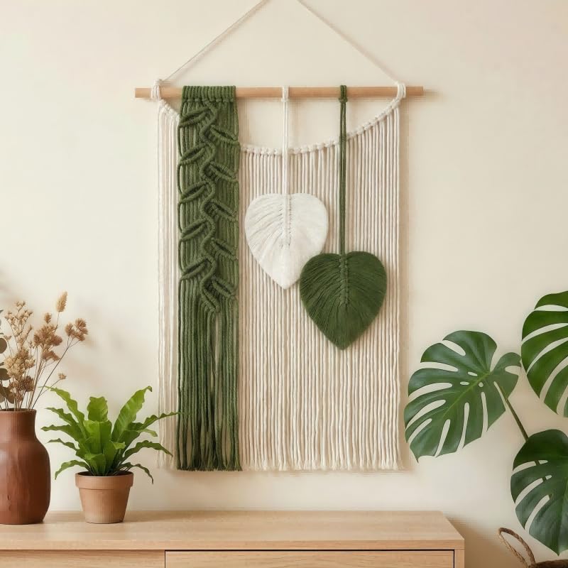 SunsprieJoy Macrame Wall Hanging, Boho Wall Decor Handmade Yarn Woven Leaf Tapestry, Modern Wall Art for Bedroom Nursery Kitchen Dining Room Bathroom, Home Decoration Gift for Women – Green - style: Vertical Leaf