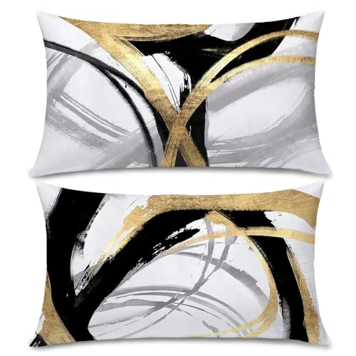 Black White and Gold Pillow Covers, Abstract Black and Gold Pillow Covers 12x20 Set of 2, Modern Boho Home Decor, Black and Gold Decorative Throw Pillows Cover for Couch Living Room Bedroom - color: Black White and Gold, size: 20" x 12" (Pack of 2)