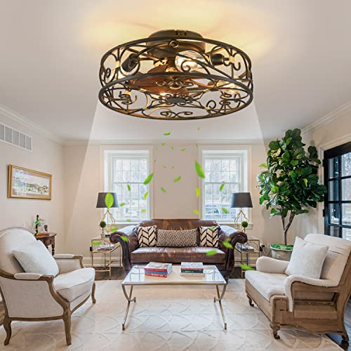20" Caged Ceiling Fans with Lights and Remote, Bladeless Ceiling Fan 6 Speed Reversible with 4 Bulbs and Remote Control,Flush Mount Caged Ceiling Fan for Bedroom, Living Room, (Include Bulbs) - color: Black (with light bulb)