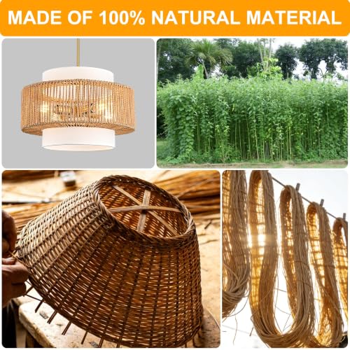 Boho Rattan Chandelier, 17.7" Boho Pendant Light with Fabric Lampshade, 4-Light Rattan Light Fixture Ceiling Hanging for Dining Room, Living Room, Bedroom, Kitchen Island, Hallway, Foyer - size: 17.7″Fabric