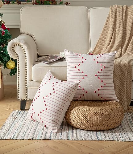 Caflife Boho Christmas Throw Pillow Covers 18x18 Set of 2, Christmas Decorations Pillow Covers Beige with Red Line for Modern Farmhouse Couch Sofa Bedroom Living Room Outdoor - color: Red Beige, size: 18" x 18" (Pack of 2)