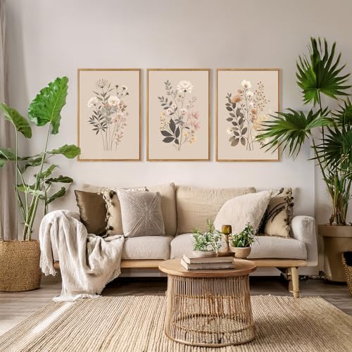 CHDITB Botanical Flower Framed Canvas Wall Art Set Of 3, Modern Nature Wildflower Wall Decor, Rustic Floral Wall Painting, Vintage Flowers Art Prints For Bedroom Living Room Office Decor (12X16 Inch) - color: Floral wall art 3