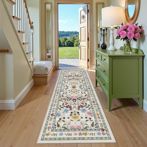 Deerly Floral Runner Rug 3x8 for Hallway Vintage Boho Washable Bathroom Kitchen Bedroom Runner Rugs Non-Slip Soft Low Pile Thin Indoor Carpet for Laundry Room Farmhouse Flower, Beige/Green/Multi - color: Beige/Green/Multi, size: 3' x 8' (Runner)