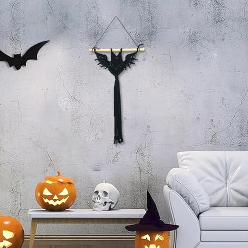 HVEST Gothic Halloween Bat Macrame Wall Hanging Boho Decor Horror Black Bat, Handmade Woven Tapestry for Bedroom Spooky Halloween Macrame Wall Decor for Living Room Decorations, 19.7L X 11.8W - color: Black Red