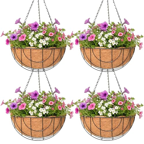4 Pack Hanging Planter for Outdoor Plants 14 inch Metal Hanging Flower Basket with Coco Coir Liner Round Wire Plant Holder Chain Flower Pots Outdoor Garden Decoration Watering Hanging Baskets（DQ） - size: 14" x 4 Pack, style: Earth