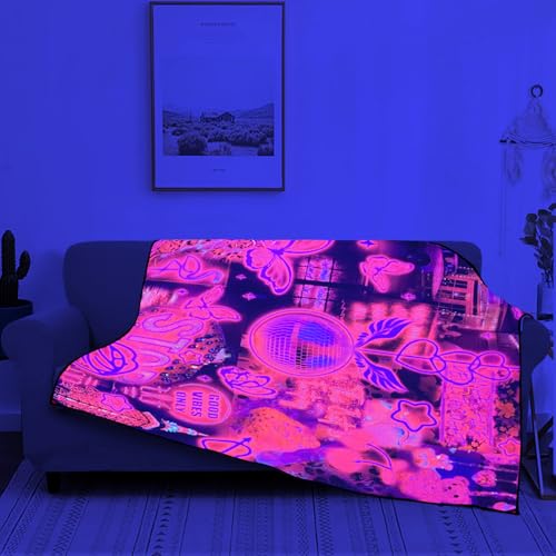 Blacklight Pink Collage Throw Blankets UV Reactive Aesthetic Throw Blanket Glow in the Dark Under Black Lights Game Room Decor Soft Throw Gifts 59x51 Inches - color: Bl Pink Collage