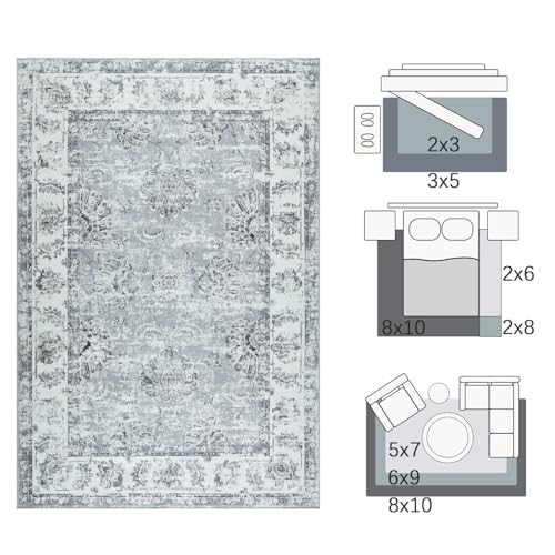 jinchan Fiora Floral Area Rug 2x3, Distressed Vintage Floral Washable Rug with Low-Pile Surface and Non-Slip Backing, for Entryway Kitchen Bathroom Vanity Indoor Foyer and High-Traffic Areas, Grey - color: Distressed Grey, size: 2' x 3' (Buttery Soft)