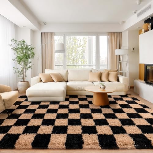 Area Rugs for Living Room Bedroom 9x12, Ultra Fluffy Shag Checkered Rug Modern Washable Carpet Soft Shaggy Non Slip Indoor Plush Fuzzy Rugs for Bedroom Dorm Office Home Aesthetic Decor, Black & Beige - color: Black & Beige, size: 9' x 12' (Rectangular)