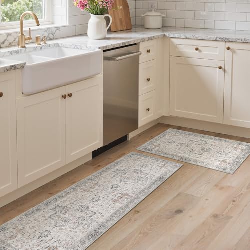GENIMO Runner Rug 2PCs, Machine Washable Non Slip Vintage Hallway Runner Rug 17.3"x59"+17.3"x30", Low Pile Lightweight Rugs for Indoor Entryway, Hallway, Kitchen and Corridor, Light Taupe Brown - color: Taupe, size: 1'4"x 4'11"(Rectangular)