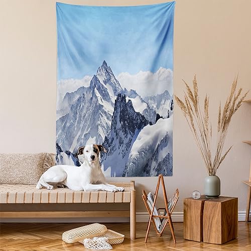 Ambesonne Winter Tapestry, Snowy Rocky Mountain Peaks Tops Scene High Lands ICY Frozen Swiss Outdoor Art, Wall Hanging for Bedroom Living Room Dorm Decor, 60" X 80", Blue and White - color: Blue and White, size: 80"L x 60"W