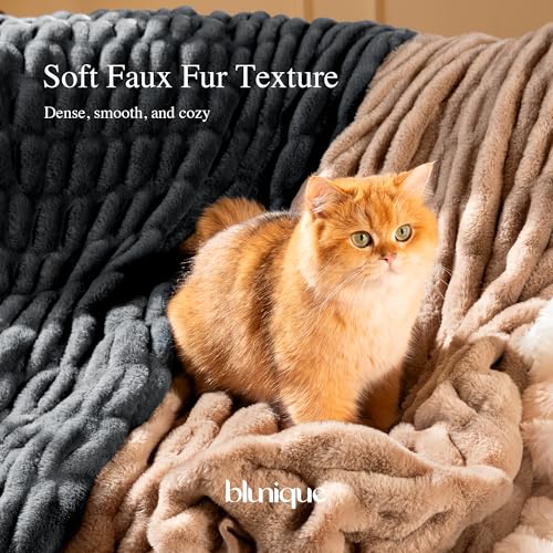 Faux Rabbit Fur Throw Blanket, Soft Plush Cozy Blanket for Couch Bed, Thick Fluffy Ruched Decorative Blanket,Giftable,50"x60",Charcoal Grey - color: Charcoal Grey, size: Throw(50"x60")