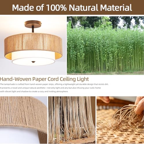 Bohemian Semi-Recessed Pendant Light Wicker Ceiling Lamp 16-Inch Farmhouse-Style Pendant with Natural Hemp Rope Fabric Shade Suitable for Dining Room/Living Room/Bedroom/Kitchen - color: 16'' Hemp rope&Fabric Gold