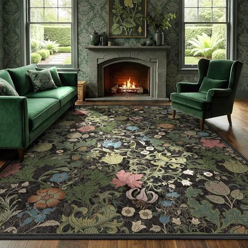 Floral Area Rug 5x7 for Living Room, Washable Vintage Farmhouse Botanical Rug, Non Slip Low Pile Thin Floor Carpet, Soft Decorative Rug for Bedroom Dining Room Home Office Black Green - color: Black, size: 5'x7'