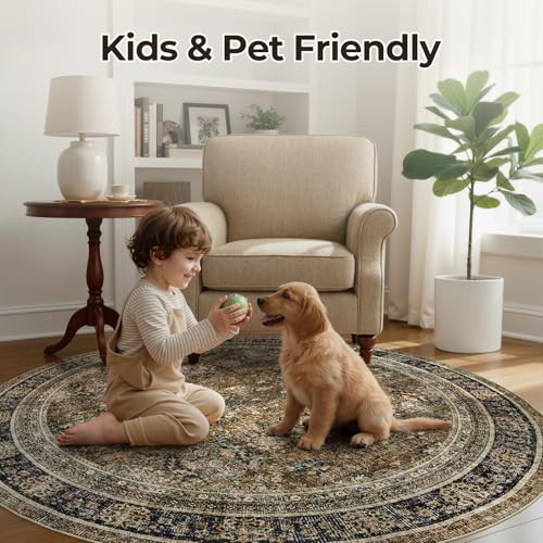WITSHOCK 10ft Round Area Rugs for Living Room: Washable Vintage Rug Retro Antique Distressed Dark Large Non Slip Low Pile Soft Boho Indoor Floor Carpet for Bedroom Dining Room Home Decor, Brown Olive - color: Brown/Olive Green/Purple, size: 10' (Round)