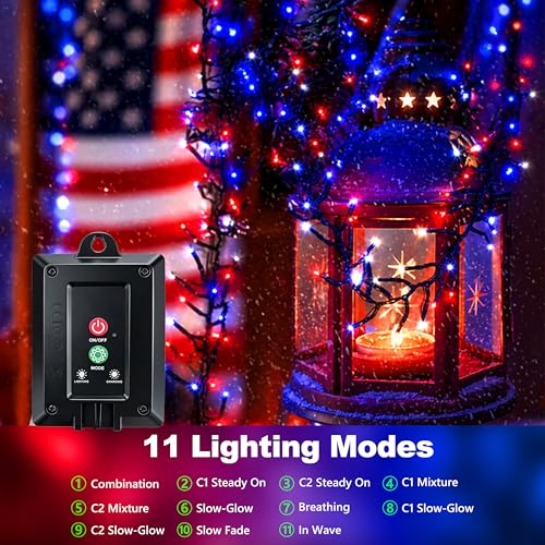 Forlivese 2 Pack Red White and Blue Solar String Lights Outdoor, 240 LED 4th of July Lights with 11 Modes, 2 Festival Color Patriotic Lights Waterproof for Independence Day Christmas, RWB & Warm - color: Red White Blue & Warm White, size: 120LED*2pcs-sola