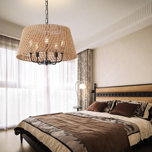 20" Large Rattan Chandeliers for Dining Room, 5-Light Farmhouse Wicker Boho Chandelier with T-Shape Shade Rattan Ceiling Pendant Light Fixture for Bedroom Hallway Kitchen Island(Black) - color: Black 5-Light 20" T-Shape