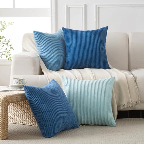 Volcanics Set of 4 Light Blue Corduroy Decorative Couch Throw Pillow Covers 18x18 Inch, Soft Modern Boho Striped Accent Cushion Cases for Beach, Patio, Balcony, Summer Gradient Shams Home Decor - color: Light Blue, size: 18" x 18" (Pack of 4)
