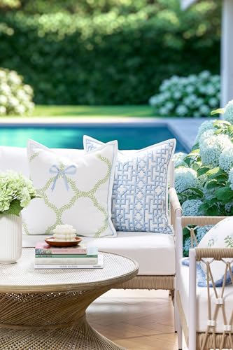 Hofdeco Premium Coastal Grandmillennial Patio Indoor Outdoor Throw Pillow Cover Only, 20"x20" Water Repellent for Backyard, Couch, Poolside, Grass Green Embroidered Ribbon Bow Tie on Leaves - color: Grass Green Ribbon Bow Tie on Leaves 20"x20"