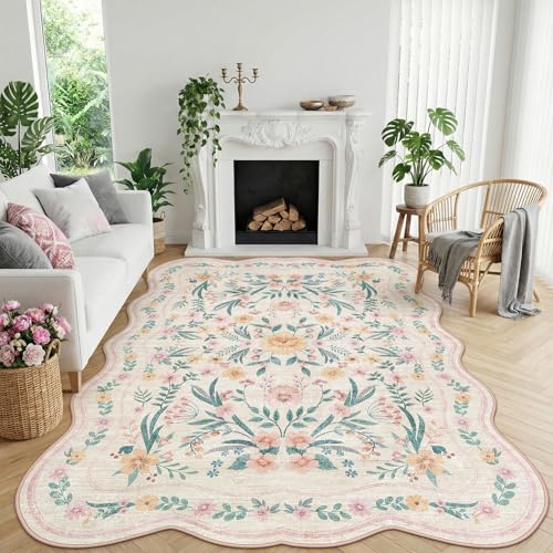 7x9 Pink Rug for Living Room, Scalloped Floral Rug for Girls Dorm, Washable Rugs Soft Low Pile Non Slip Rugs for Nursery College Bedroom Decor Kids Room Playroom - color: Pink Scalloped, size: 7' x 9' (Rectangular)