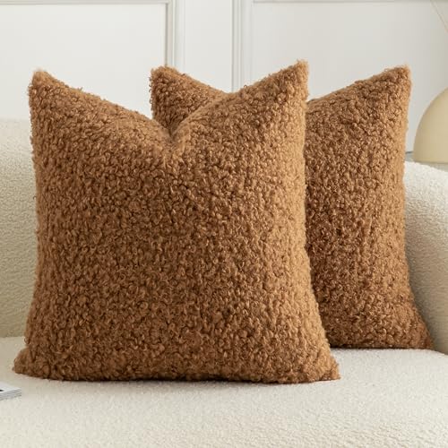 Pack of 2 Curly Teddy Wool Faux Fur Throw Pillow Covers Fuzzy Accent Soft Sherpa Pillowcases Sheepskin Fleece Decorative Cushion Case for Sofa Couch Living Room 20x20 Inch Bronze - color: Bronze, size: 20" x 20" (Pack of 2)