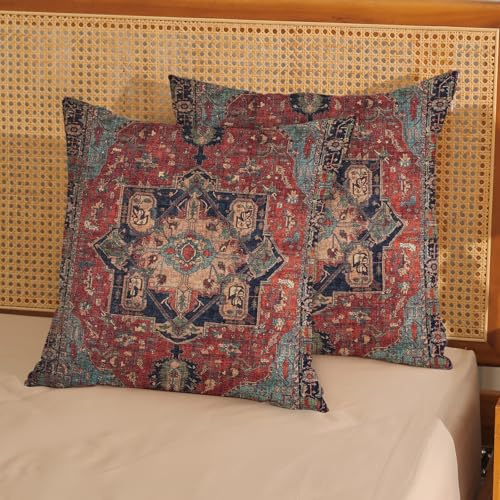 Boho Pillow Covers 16x16 Inch 2 Pcs Vintage Red Carpet Pattern Ethnic Decor Throw Pillows Blue Teal Retro Bohemian Outdoor Farmhouse Decoration Pillowcase Linen Cushion Cover for Couch Sofa Bed - color: Red Teal Boho, size: 16" x 16" (Pack of 2)