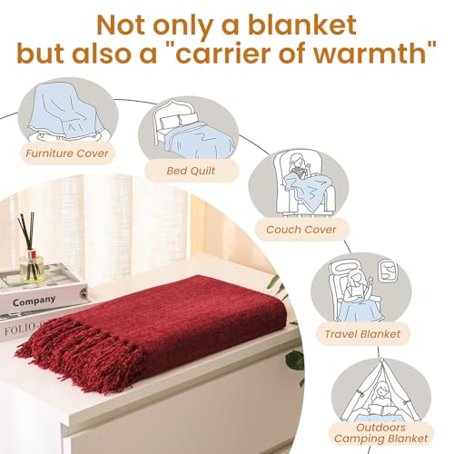 Burgundy Red Chenille Throw Blanket for Couch Bed，Soft Cozy Throw Blanket with Handmade Fringe, Decorative Blanket for Sofa Chair Living Room for Gift, (Burgundy Red) - color: Burgundy Red, size: 60" x 80"
