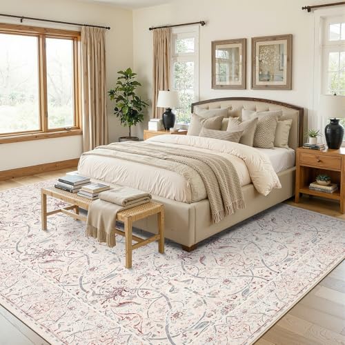Area Rugs 8x10 for Living Room - Machine Washable Rugs for Bedroom Vintage Stain Resistant Non Slip Low Pile Carpet for Dinning Room Farmhouse Kis Room - color: Floral/Beige, size: 8' x 10' (Rectangular)