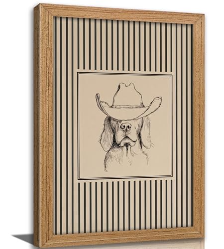 Framed Vintage Cowboy Dog Wall Art - Striped Western Pet Canvas Decor Animal Sketch Artwork Picture for Living Room Bedroom Home Wall decor - color: Cowboy Dog, size: 10"L x 8"W