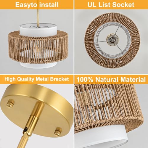 12.4"Farmhouse Chandelier for Dining Room, 1-Light Boho Rattan Chandelier Light Fixture Ceiling Hanging with Fabric Lampshade, Small Wicker Coastal Pendant Light for Kitchen Bedroom Island Hallway - size: 12.4″Fabric
