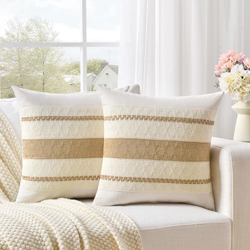Fancy Homi Set of 1 Tan Neutral Decorative Throw Pillow Cover 16x16 Inch for Couch Bed Sofa, Aesthetic Modern Organic Farmhouse Boho Home Decor, Soft Cotton Cute Accent Macrame Woven Cushion Case - color: Tan, size: 16" x 16" (Pack of 1)