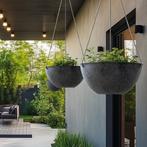 LA JOLIE MUSE Large Hanging Planters for Outdoor Plants - 13 Inch Hanging Flower Pots with Drainage Holes, Set of 2, Rock Grey - color: Concrete Gray