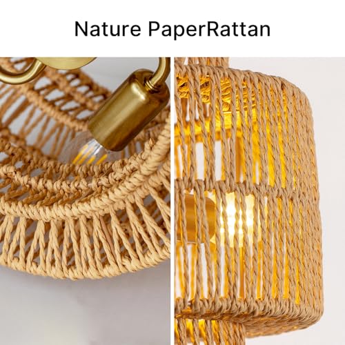 MODIVO 3-Light E12 Boho Rattan Chandelier, 12.6 Inch Hand Woven Farmhouse Pendant Light for Kitchen Island, Dining Room, Bedroom, Rustic Hanging Lamp, Living Room, Entryway, Foyer
