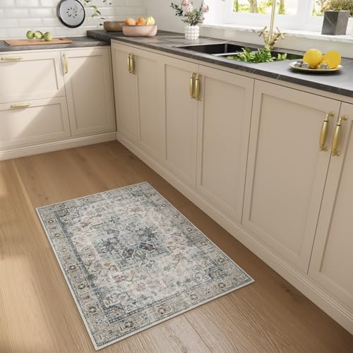 Machine Washable Throw Rugs for Entryway: Door Mat Indoor Entrance 2x3 Small Rug Stain Resistant Non-Slip Low Pile Soft Carpet for Kitchen Front Door Indoor Entry Bathroom Bedroom - color: Blue and Cream, size: 2' x 3' (Rectangular)