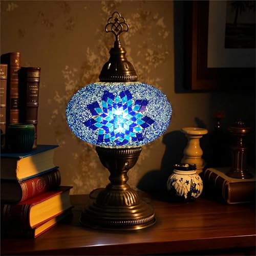 Turkish Lamp, Mosaic Table Lamp, Antique Moroccan Decorative Glass Bohemian Vintage Lamp Shade, Small Desk Tiffany Bedside Stained Glass Lamp with US Plug and E12 Socket - color: Blue-39
