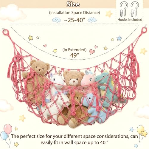 Stuffed Animal Net or Hammock for Flat Wall Mounted Handmade Macrame Toy Display Hanging Plush Toy Net for Stuff Animal Storage(pink 40" W) - color: pink, size: 40" W