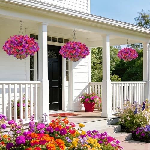 Artificial Fake Hanging Flowers Plants Baskets for Outdoors, Faux Silk Bougainvillea in Planter UV Resistant Realistic Spring Summer Decoration for Outside Porch Patio Yard Home Decor (Purple Hotpink) - color: 1 Set – Purple & Hot Pink Bougainvillea