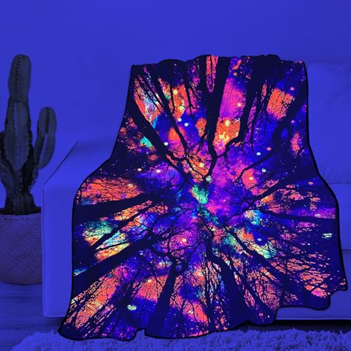Blacklight Galaxy Forest Throw Blankets UV Reactive Night Sky Throw Blanket Glow in the Dark Under Black Lights Game Room Decor Soft Throw Gifts 59x51 Inches - color: Bl Forest Silhouette