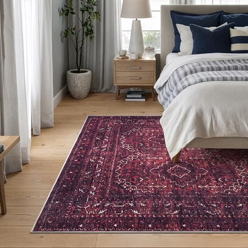 Bloom Rugs Washable Non-Slip 5' x 7' Rug - Dark Red Traditional Bordered Area Rug for Living Room, Bedroom, Dining Room, and Kitchen - Exact Size: 5' x 7' - color: Dark Red, size: 5' x 7' (Rectangular)