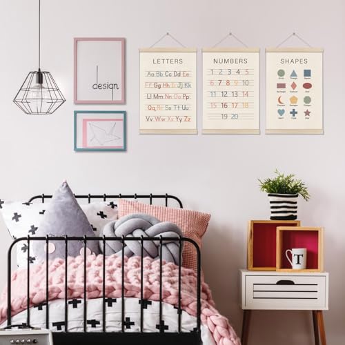 Set of 3 Alphabet Numbers Poster Hanger Frame, Preschool Learning Posters, Educational Canvas Wall Art, Montessori Nursery Wall, Toddler Room Decor for Boys Girls 16x12 Inch, Boho Classroom Decor - color: Off-White02