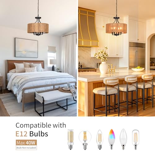 15.7'' Hand Woven Rattan Chandelier, 4-Light Boho Chandelier Rattan Pendant Light Fixture, Wicker Farmhouse Chandeliers for Dining Room Bedroom Living Room Foyer