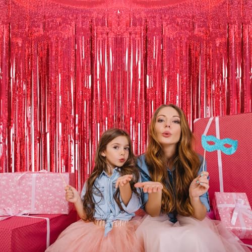 2 Pack 3.2ft x 8.2ft Red Foil Fringe Curtain, Glitter Metallic Tinsel Foil Fringe Curtains Photo Booth Backdrop Tinsel Door Curtains for Wedding Bridal Shower Bachelorette Christmas Party Decorations - color: Red