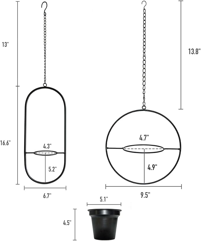 Modern Metal Hanging Planters Set of 2 - Round and Oval Geometric Plant Hangers with 5 Inch Pots - Black Wall and Ceiling Mount Flower Holders for Indoor and Covered Outdoor Décor