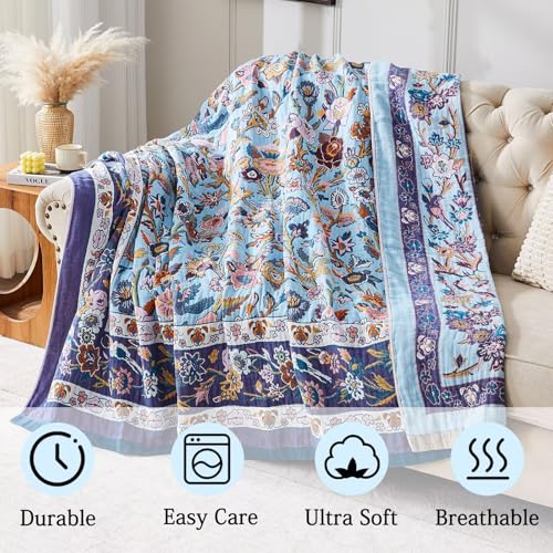Boho Blanket Soft Muslin BohoThrow Blanket, 100% Cotton Floral Printed Farmhouse Decor All Season Reversible Rustic Throw for Sofa Couch Chair (Light Purple, 50"x60") - color: Light Purple, size: 50"x60"