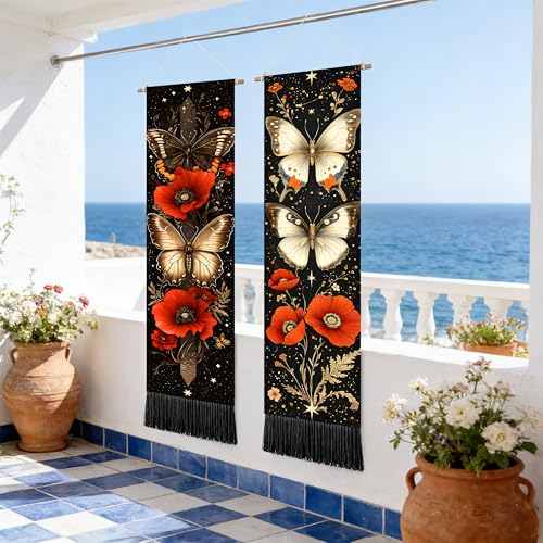 seewan 2 Pack Long Vertical Wall Tapestry, Boho Nature Landscape & Floral Aesthetic Wall Hanging for Bedroom Living Room Home Decor, Long Narrow Art Tapestry with Sunrise Mountain Botanical Designs, 13" × 51" (Poppy Vintage Bloom, 13"Wx51"H, Unframed) - c