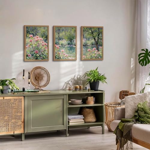 3pcsmonet Framed Wall Art,Retro Floral Gardencanvas Painting, Pink Flowers By Lake Painting, Nature Poster Wall Decor For Living Room Bedroom Office, Ready To Hang 12x16in - color: Trees and flower beds, size: 12x16in